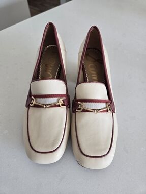 Sam Edelman Flo Block Heel Cream and Wine Shoe W/Gold Bit, Womens Loafer 6.5M